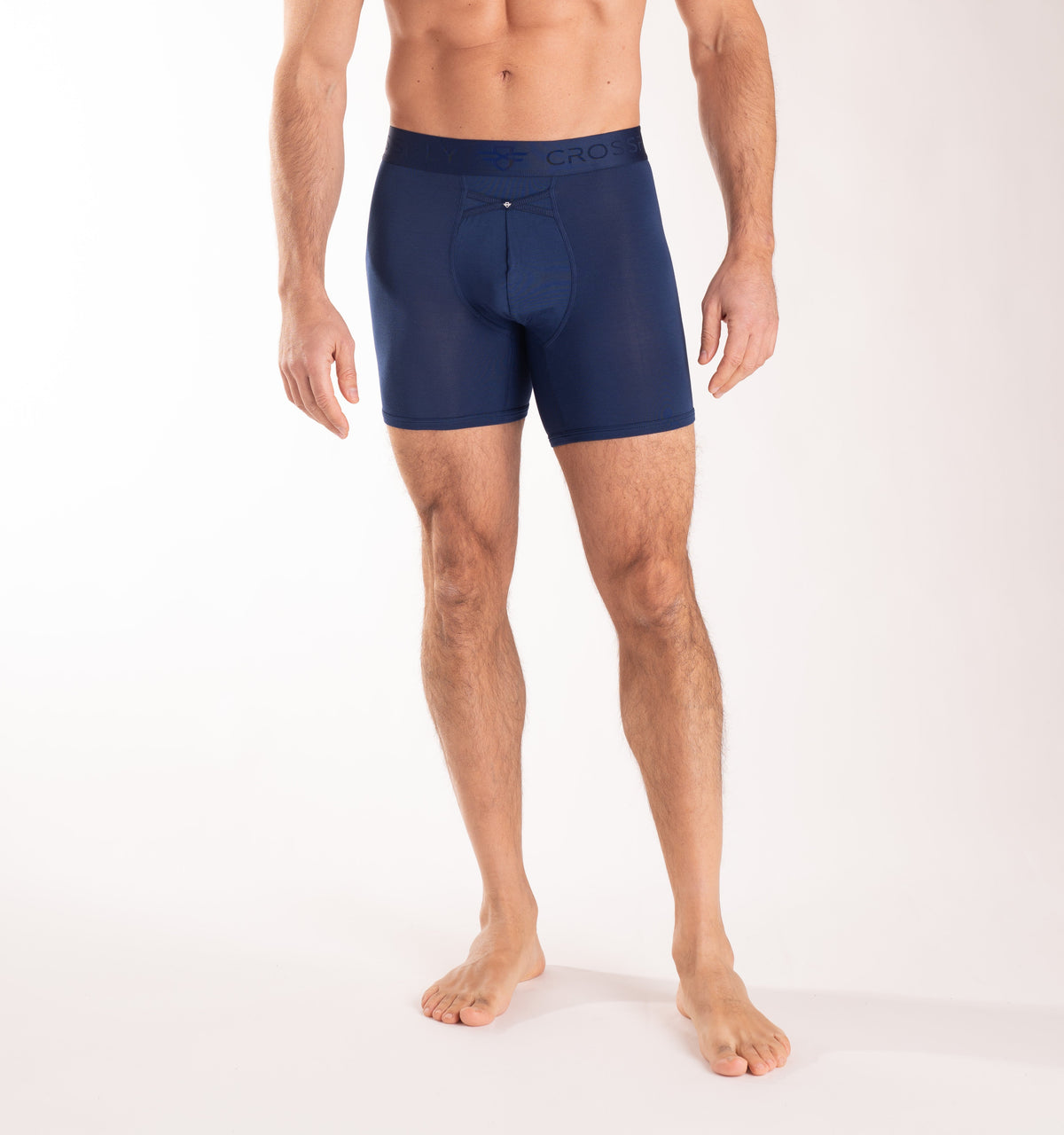 Crossfly men&#39;s IKON 6&quot; navy boxers from the Everyday series, featuring X-Fly and Coccoon internal pocket support.