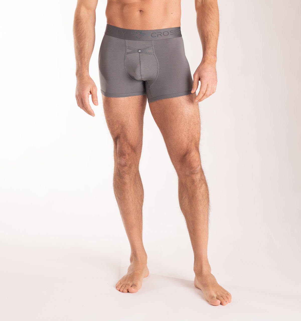 Crossfly men&#39;s IKON 3&quot; charcoal trunks from the Everyday series, featuring X-Fly and Coccoon internal pocket support.