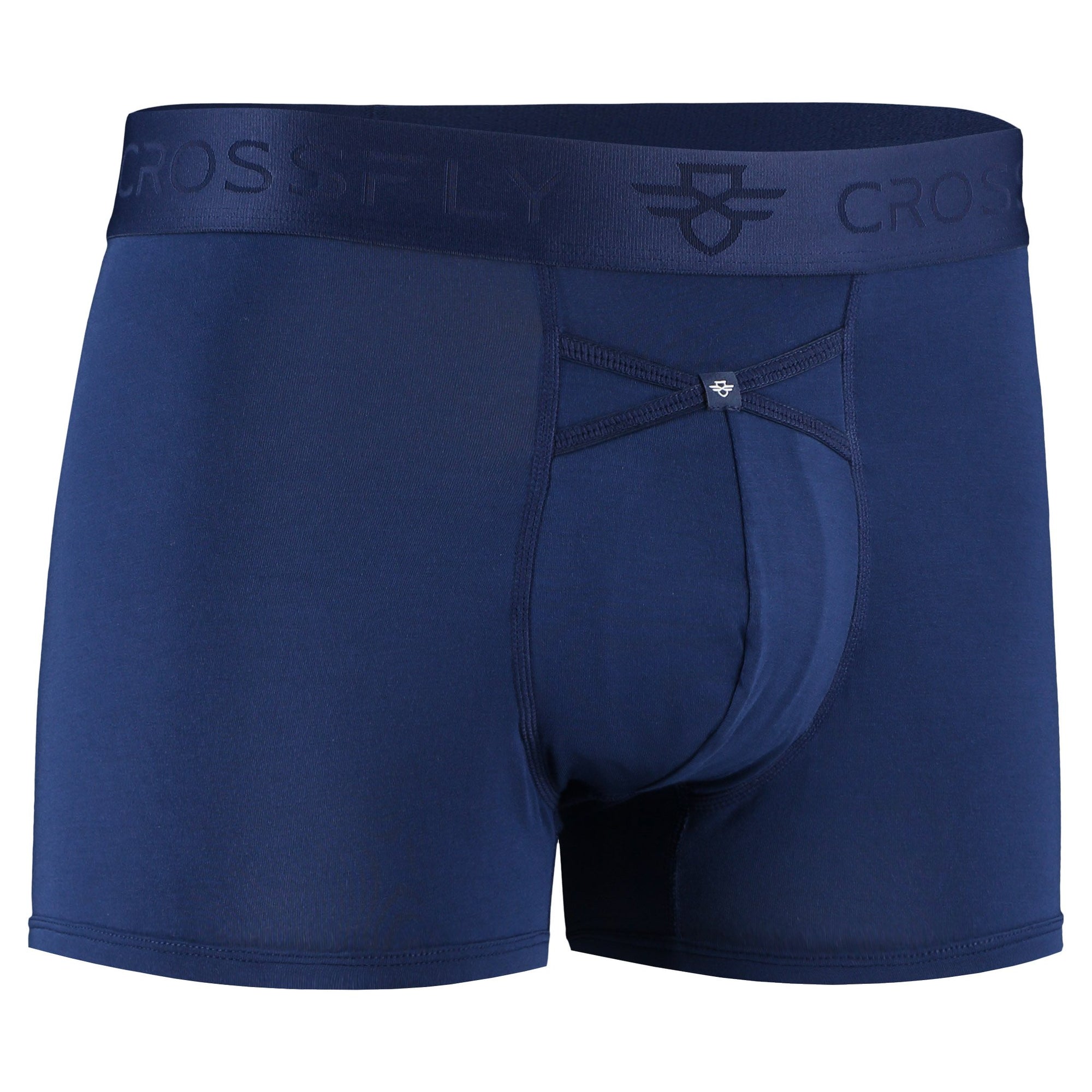 Crossfly men's IKON 3" navy trunks from the Everyday series, featuring X-Fly and Coccoon internal pocket support.