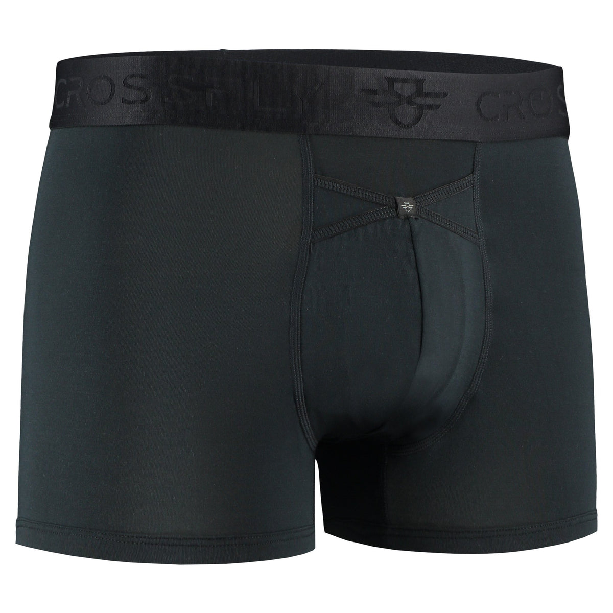 Crossfly men&#39;s IKON 3&quot; black trunks from the Everyday series, featuring X-Fly and Coccoon internal pocket support.
