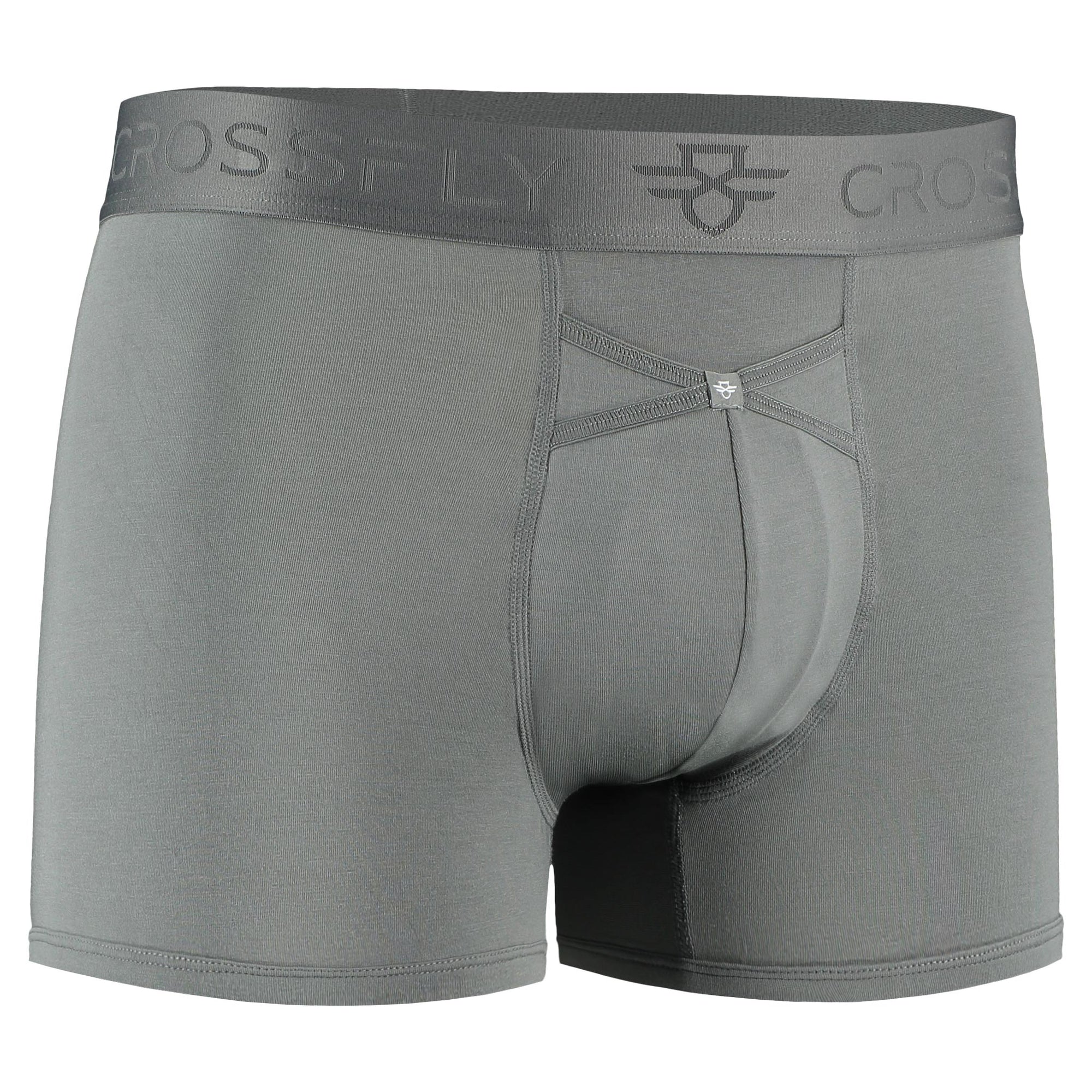 Crossfly men's IKON 3" charcoal trunks from the Everyday series, featuring X-Fly and Coccoon internal pocket support.