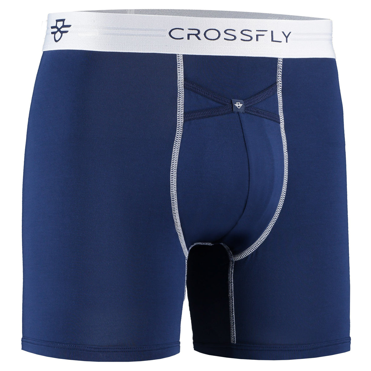Crossfly men&#39;s IKON X 6&quot; navy / white boxers from the Everyday series, featuring X-Fly and Coccoon internal pocket support.