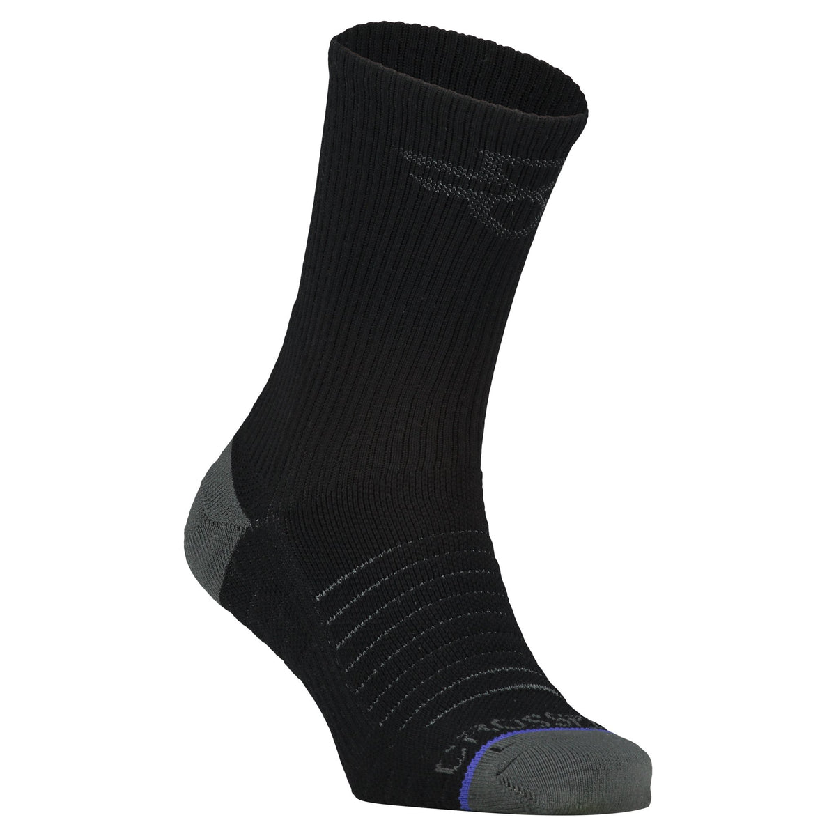 Crossfly men&#39;s Hero Crew Socks in black from the Performance series, featuring AirBeams and 180 Hold.