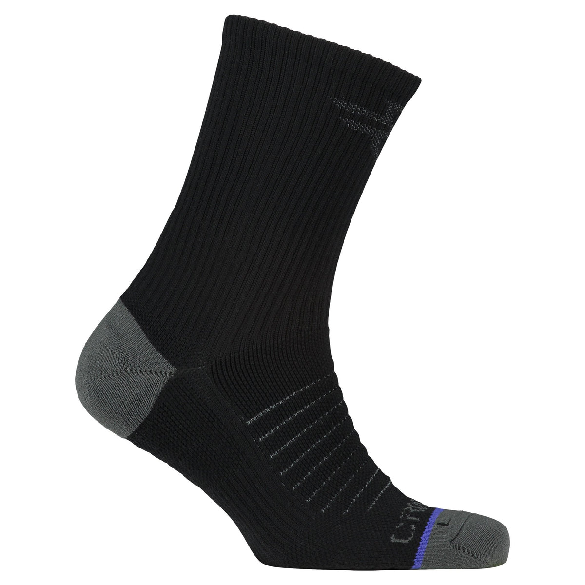 Crossfly men&#39;s Hero Crew Socks in black from the Performance series, featuring AirBeams and 180 Hold.