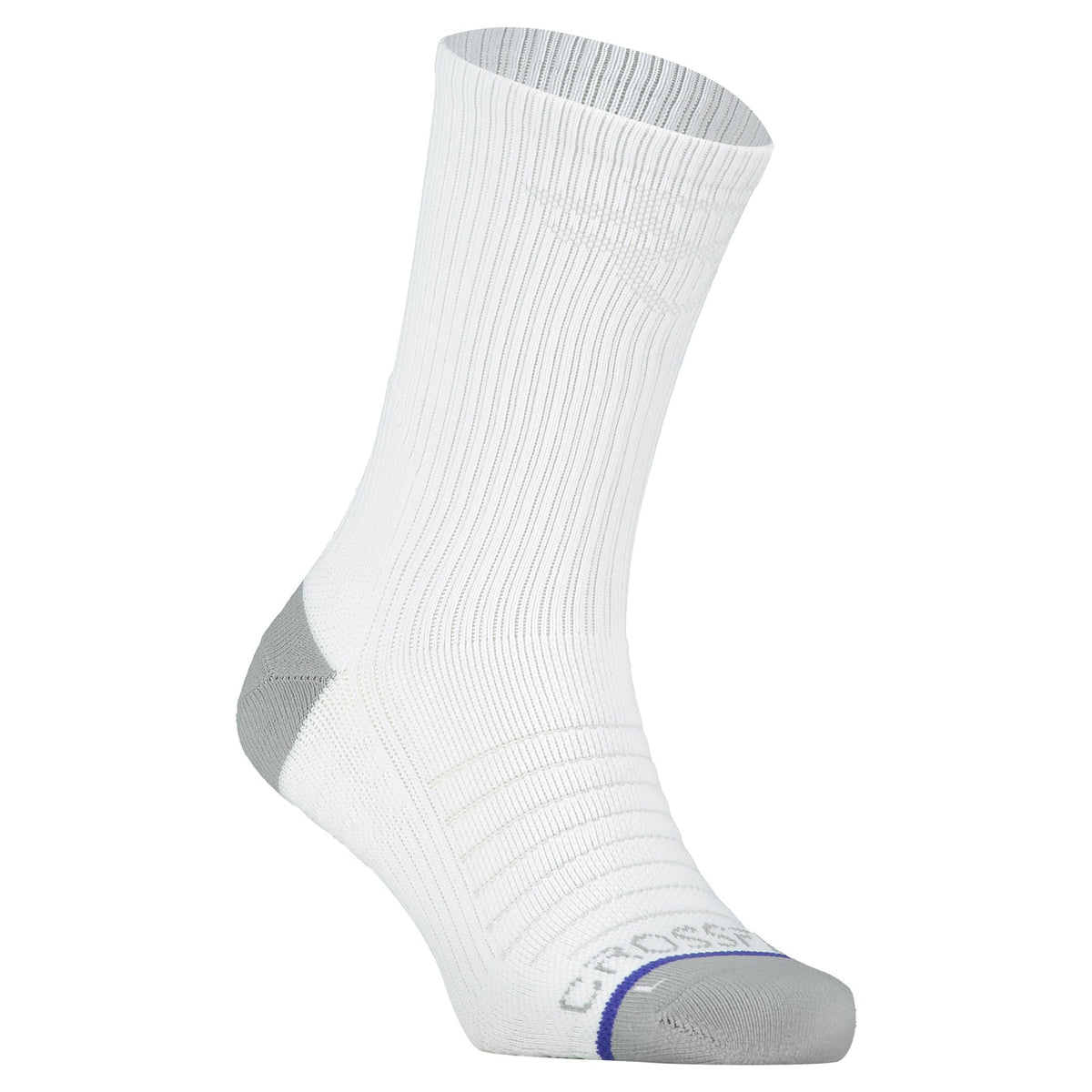 Crossfly men&#39;s Hero Crew Socks in white from the Performance series, featuring AirBeams and 180 Hold.