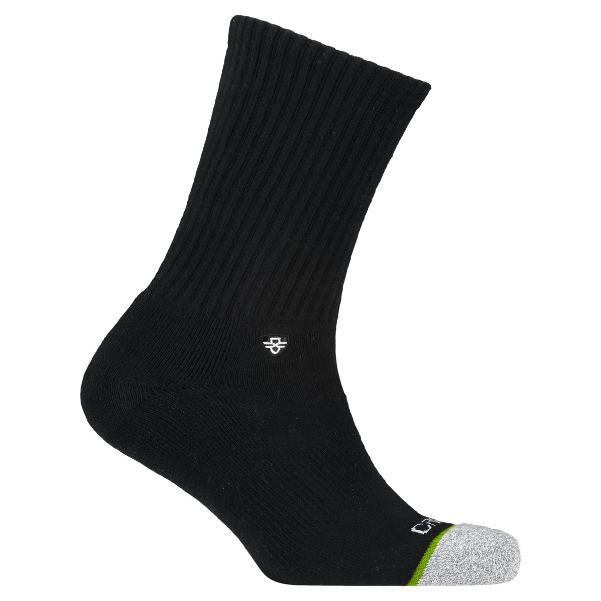 Crossfly men&#39;s Original Crew Socks in black from the Everyday series, featuring Flat Toe Seams and 360 Hold.
