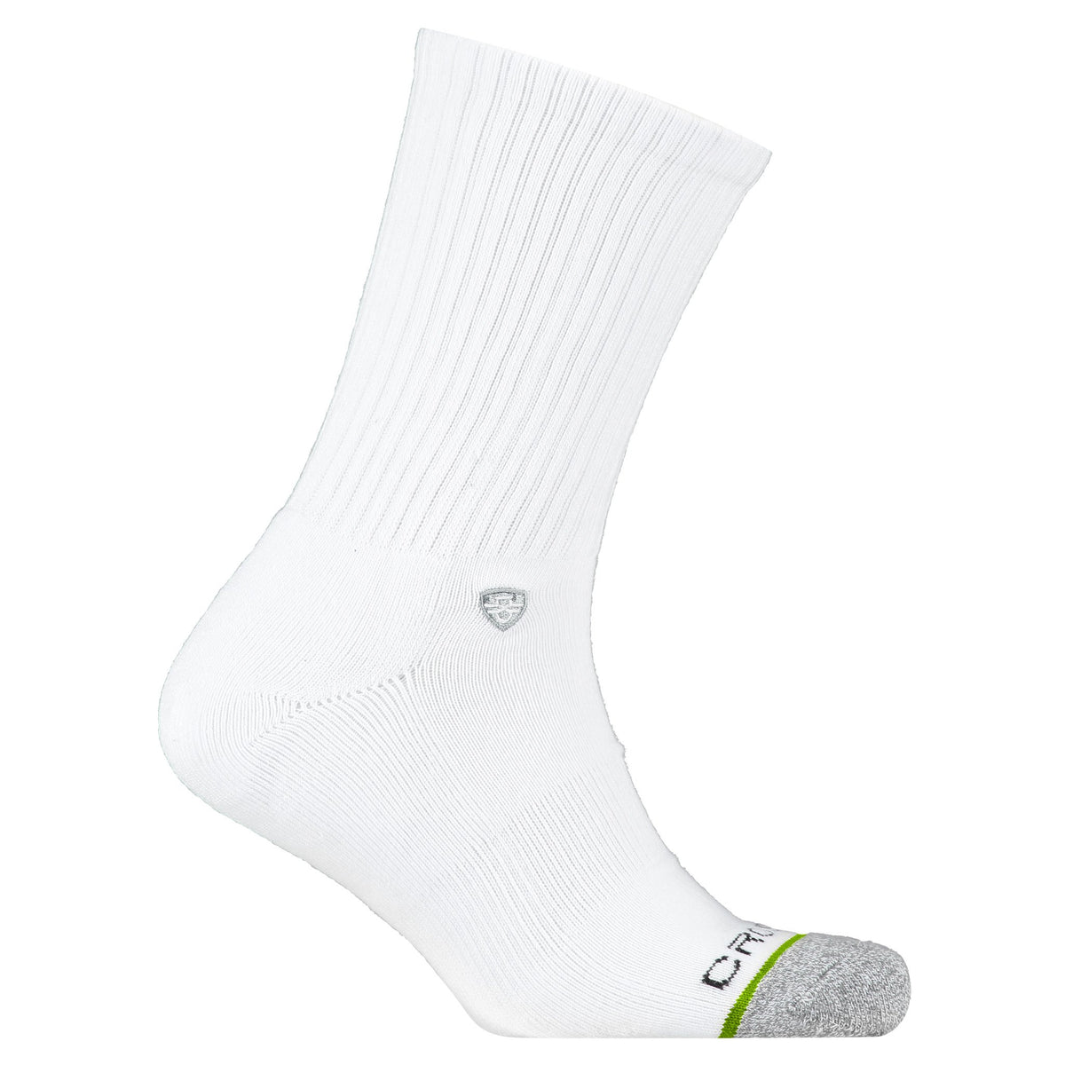 Crossfly men&#39;s Original Crew Socks in white from the Everyday series, featuring Flat Toe Seams and 360 Hold.