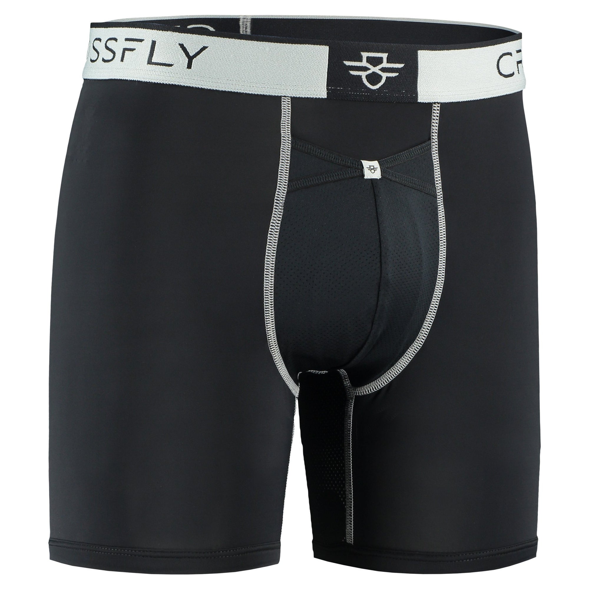Crossfly men's Pro 7" black / silver boxers from the Performance series, featuring X-Fly and Coccoon internal pocket support.