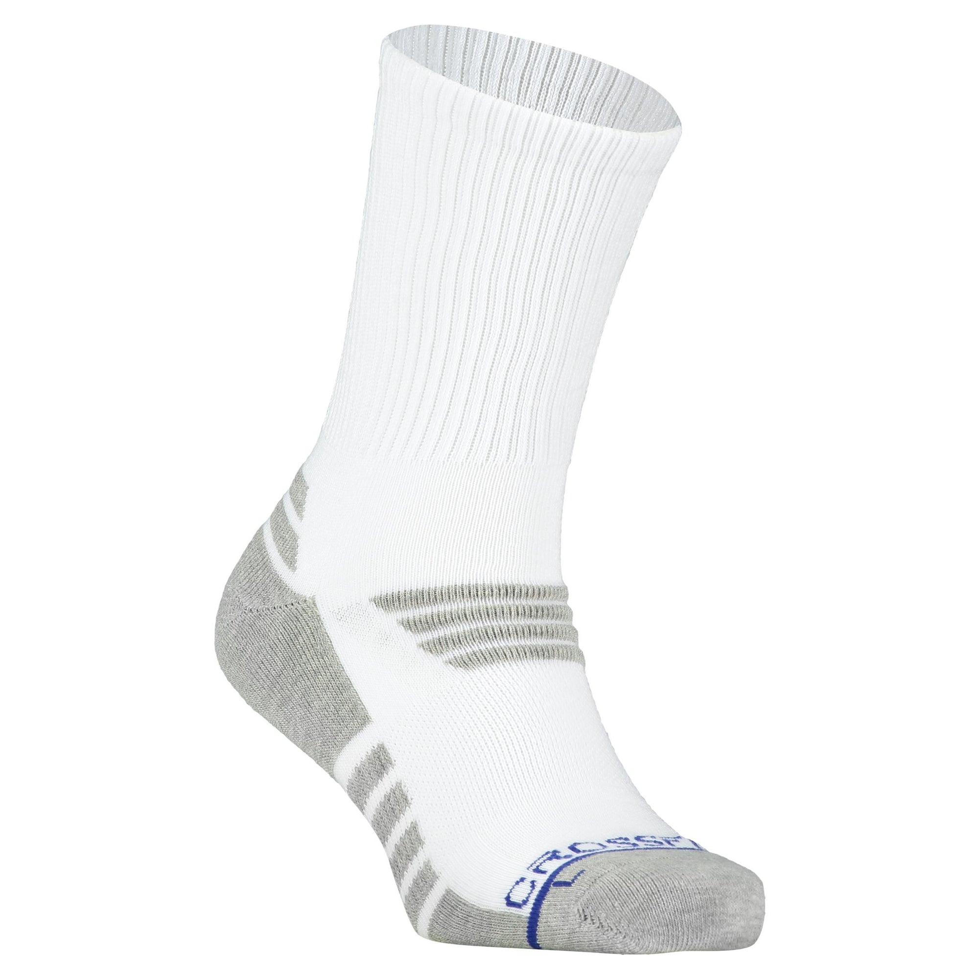Crossfly men's Tempo Crew Socks in white / grey from the Performance series, featuring AirBeams and 180 Hold.