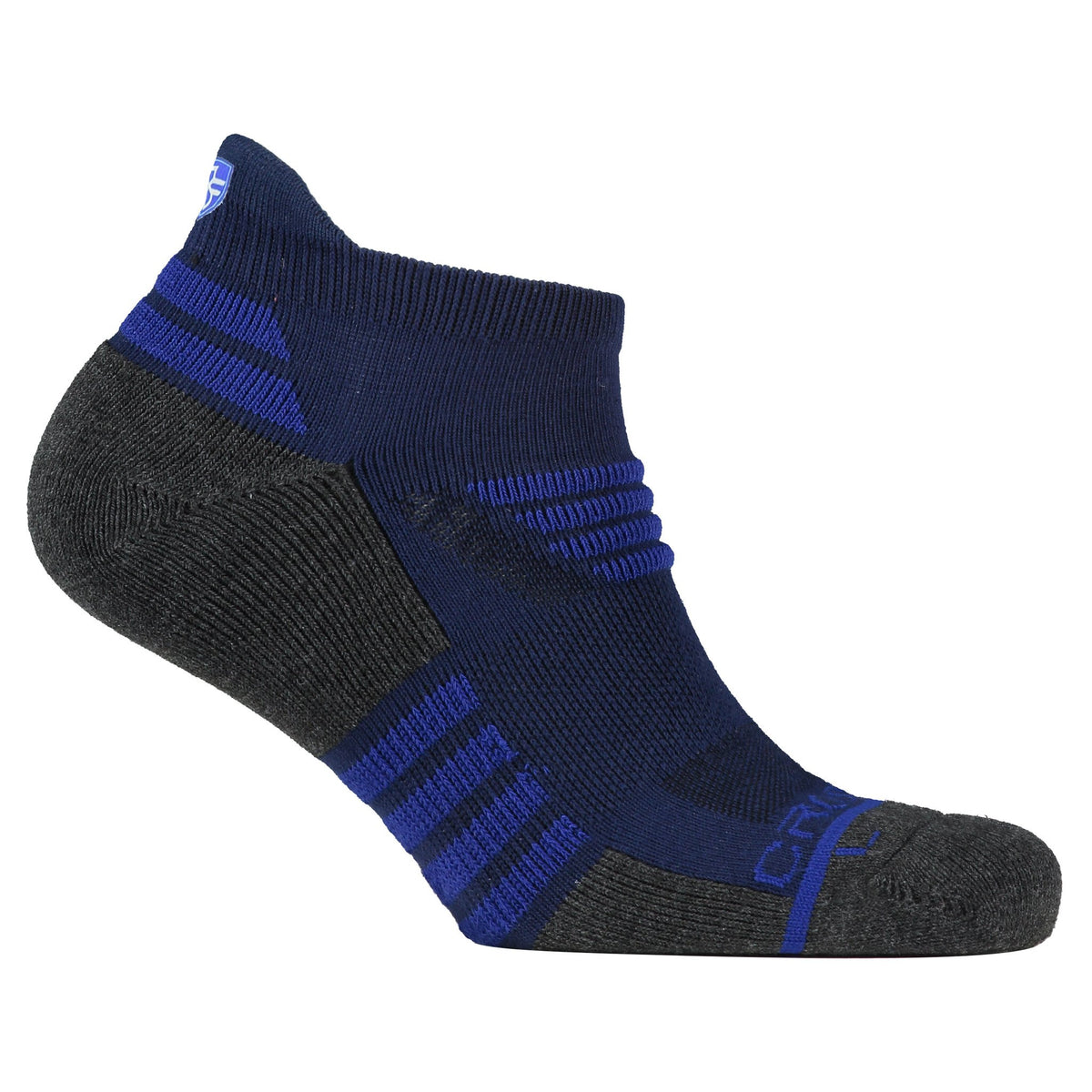 Crossfly men&#39;s Tempo Low Socks in navy / royal from the Performance series, featuring AirBeams and 180 Hold.